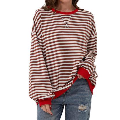 Womens Striped Oversized Sweatshirt Color Block Crew Neck Long Sleeve Casual Loose Pullover Top Y2K Clothes