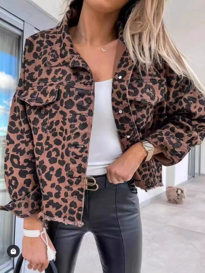 Women's Leopard Print Denim Jacket Long Sleeve Animal Printed Raw Hem Button Down Cropped Jean Coat Outerwear