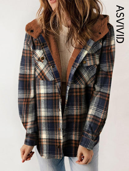 Women's Plaid / Houndstooth Print Button Front Hooded Coat, Casual Long Sleeve Pocket Coat for Fall & Winter, Ladies Outerwear for Daily Wear