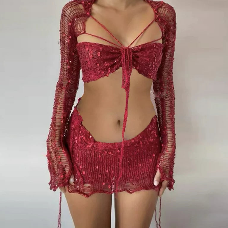 Knitted Sequin Crop Top and Skirt Matching Set - Seldom Seen Styles