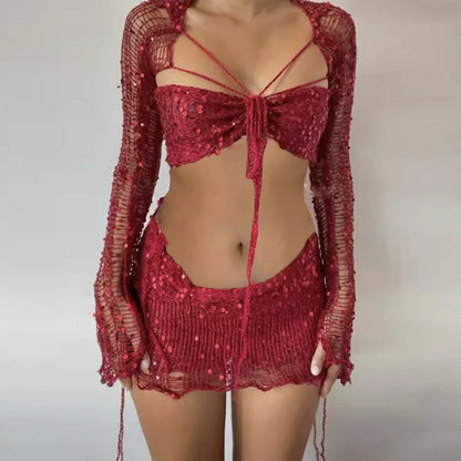 Knitted Sequin Crop Top and Skirt Matching Set