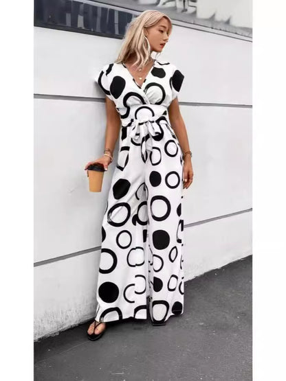 2024Cross-Border European and American New Amazon Fashion Elegant CasualVCollar High Waist Print Wide Leg Belt Jumpsuit