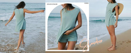 Women's 2 Piece Outfits Summer Knit Sweater Set Sleeveless Tunic Top Matching Shorts Trendy Beach Vacation Sets Loungesetwomen Suits Clothes Womenswear  Basic Beige