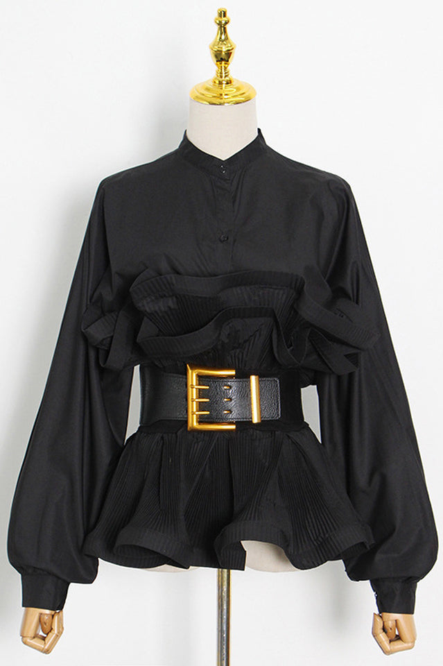 Women's Ruffle Peplum Blouse Belted Puff Sleeve Statement Top - Seldom Seen Styles