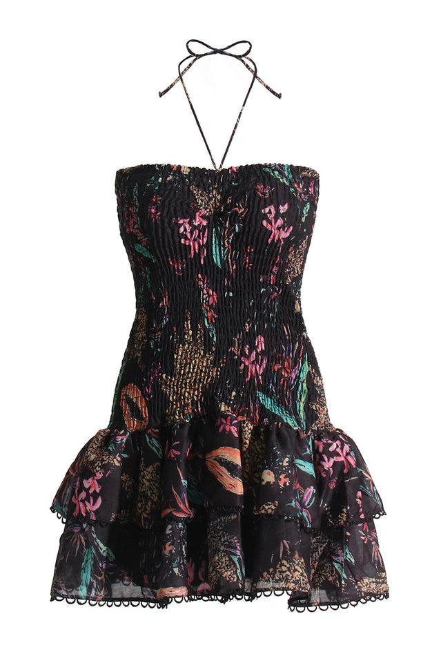 Women's Floral Print Strapless Mini Dress Smocked Bodice Tiered Ruffle Skirt Crochet Lace Trim 100% Cotton Summer Beach Boho Dress - Seldom Seen Styles