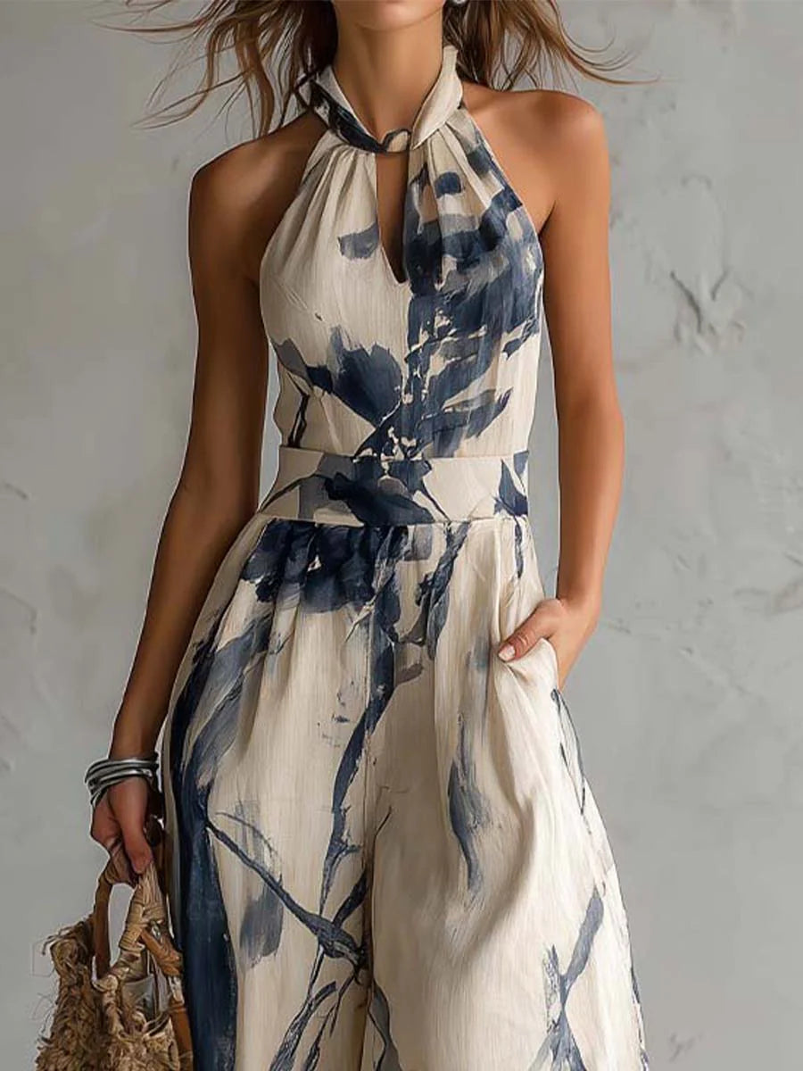 Women's Halter Neck Ink Wash Print Wide Leg Jumpsuit High Waist Side Pockets Artistic Summer Casual Vacation Outfit