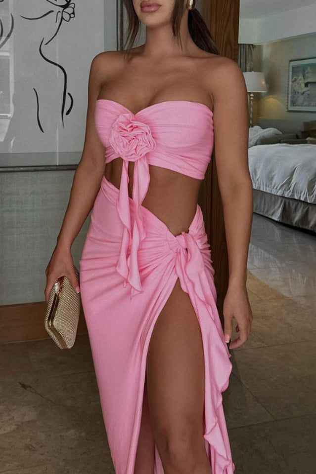 Arrietty Flower Draped Skirt SetWomen's Pink Cut Out Maxi Dress Flower Detail High Split Vacation Party Dress Set - Seldom Seen Styles