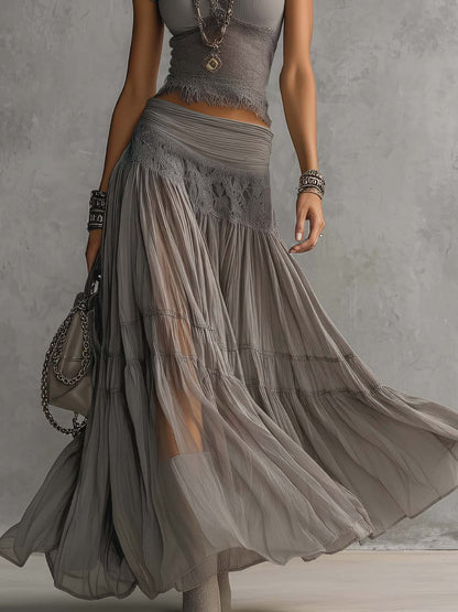 Women's Sheer Lace Panel Chiffon Top Pleated Maxi Skirt Set Bohemian Elegant Summer Evening Party Wedding Guest Two Piece Outfit