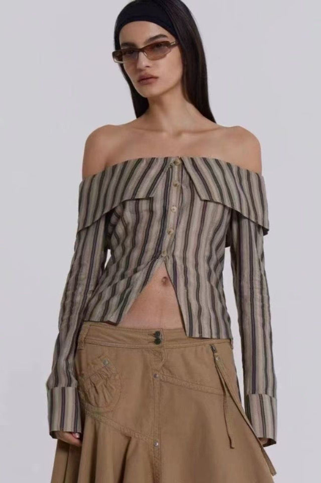 Women's Off Shoulder Striped Top Long Sleeve Y2K Asymmetrical Going Out Shirt Blouse - Seldom Seen Styles
