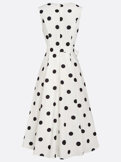 White Bow Classic V Neck Sleeveless A-Line Midi Dress