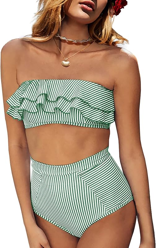 Women High Waisted 2 Piece Bikini Set Bandeau Ruffle Swimsuit Top Striped Bathing Suits - Seldom Seen Styles