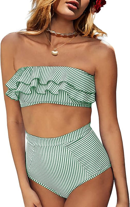 Women High Waisted 2 Piece Bikini Set Bandeau Ruffle Swimsuit Top Striped Bathing Suits - Seldom Seen Styles