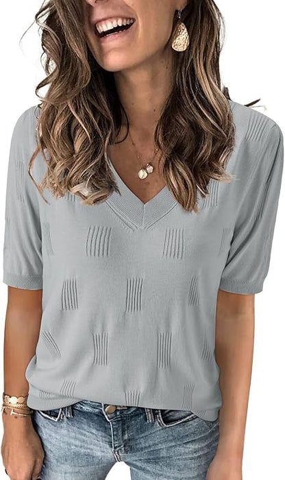 Cloz Womens Sweaters Soft Fall 2024 Fashion Versatile Dressy Blouse Short Sleeve Knit Lightweight Tops Summer Trendy