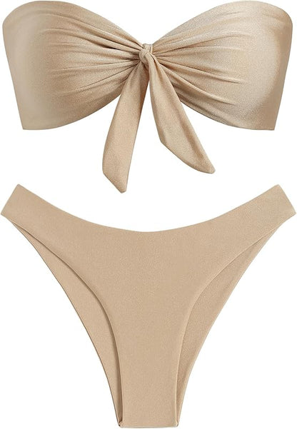 Knotted Bandeau Bikini for Women Strapless Swimsuits High Cut Bathing Suit Sexy Cheeky Tie Side Swimwears - Seldom Seen Styles