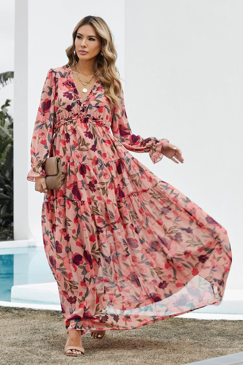 European and American Fashion V Collar Tulle Floral Print Long Sleeve Dress Women Autumn New Loose Casual Chiffon Dress for Women