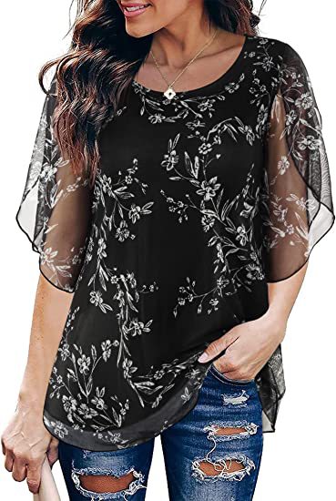 Women's Tops 3/4 Sleeve Blouses Dressy Casual Double Layers Mesh Tunic Shirts