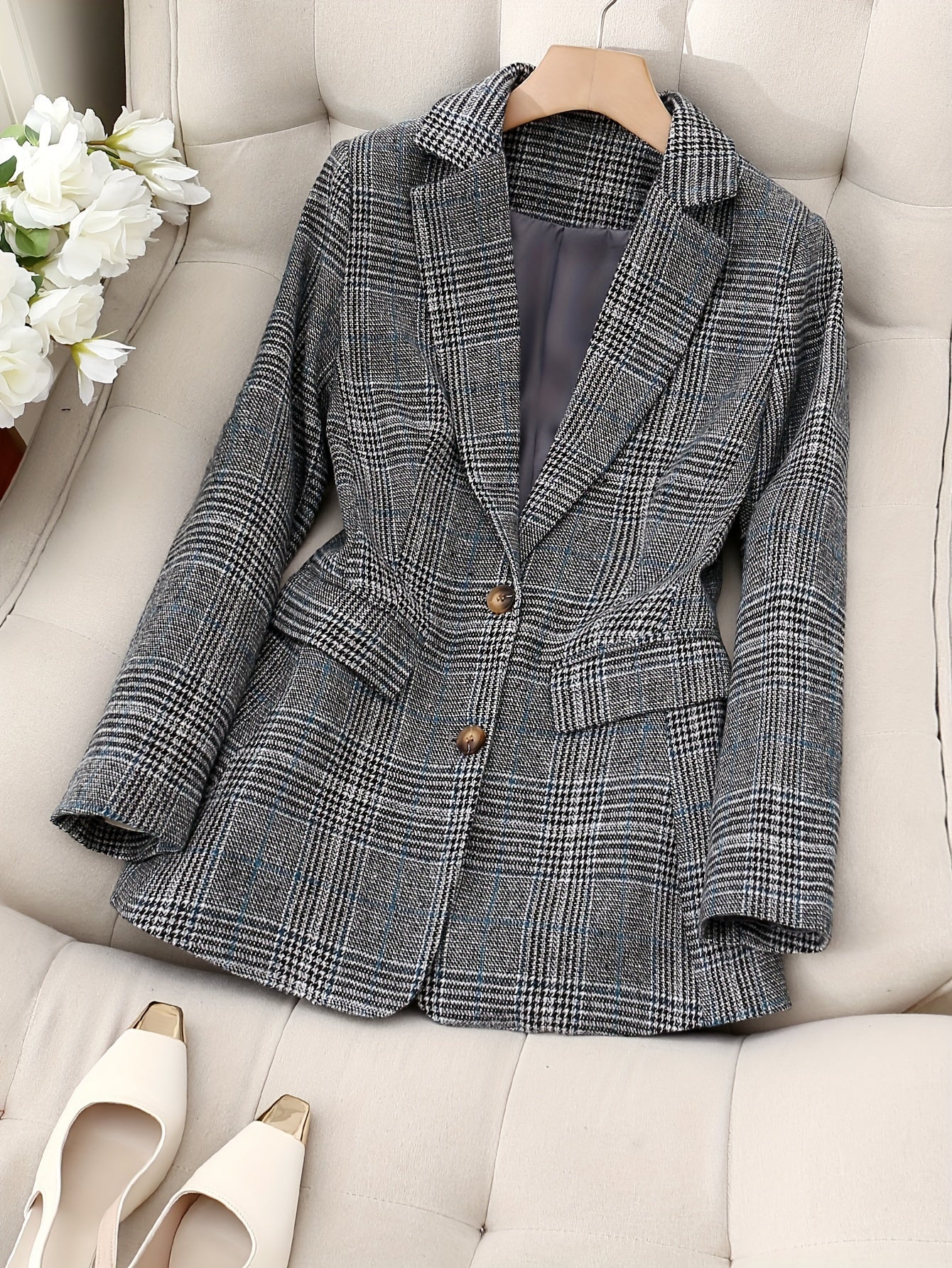 Women's Elegant Plaid Casual Suit Coat - Fashion long sleeve，Cardigan Fashionable Jacket with Pockets