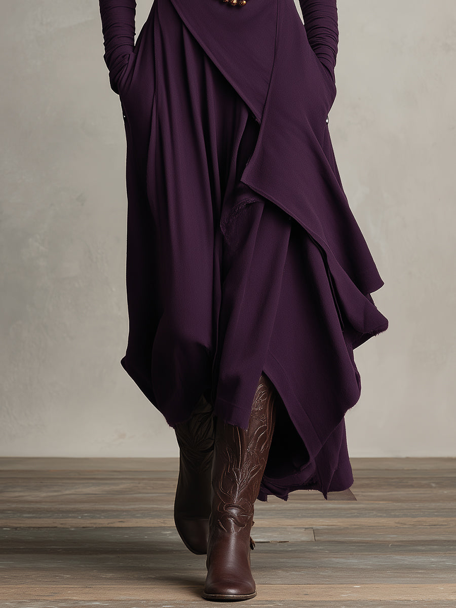 Women's Purple Bohemian Cotton Stretch Turtleneck Asymmetrical Draped Maxi Dress MDA2055J9I