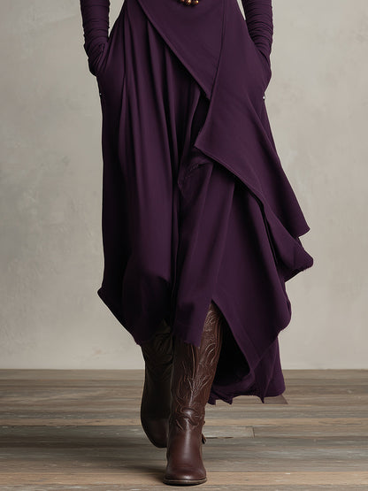 Women's Purple Bohemian Cotton Stretch Turtleneck Asymmetrical Draped Maxi Dress MDA2055J9I