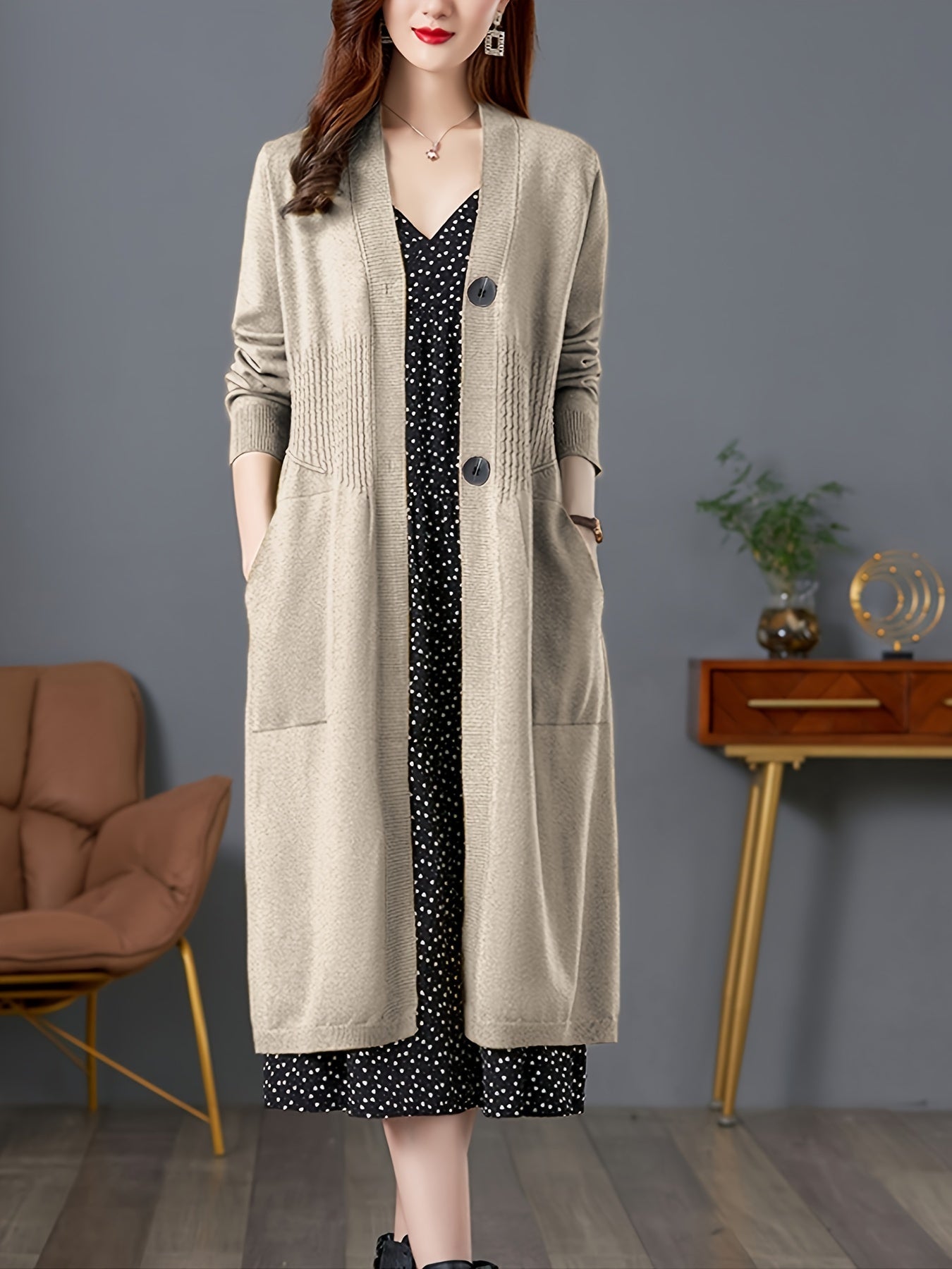 Solid Button Front Duster Cardigan, Casual Long Sleeve Slant Pockets Midi Cardigan For Fall & Winter, Women's Clothing