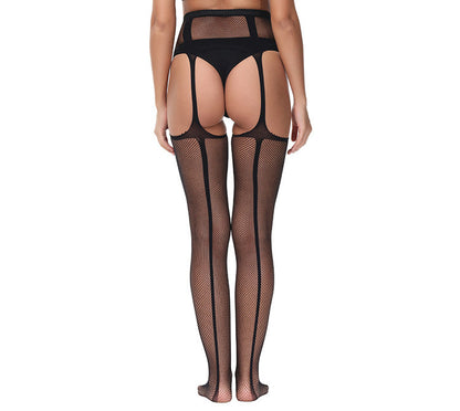 Trendy Open-Crotch Lace Transparent Strapshalter Schwarze Seide Sexy Netzstrümpfe Rutschfester einteiliger Strumpfgürtel für Damen7546