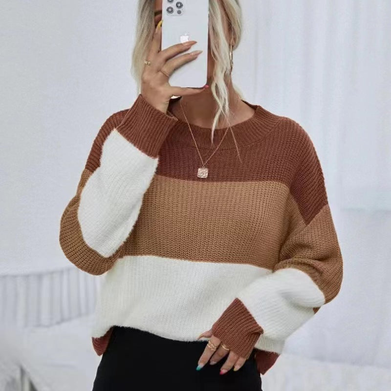 2024Amazon Autumn and Winter Cross-Border Women's Knitted Fashion round Neck Pullover Stripe Contrast Color Sweater Women