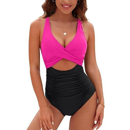 Womens One Piece Swimsuits Push Up Tummy Control Bathing Suits V Neck Cutout Modest Swimwear - Seldom Seen Styles