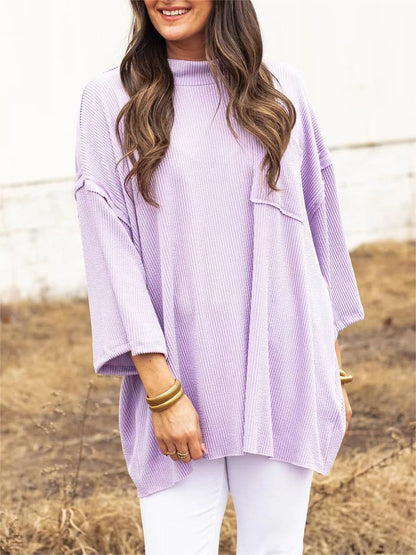 Spring Sunken Stripe Loose Casual Long Sleeves  T-shirt