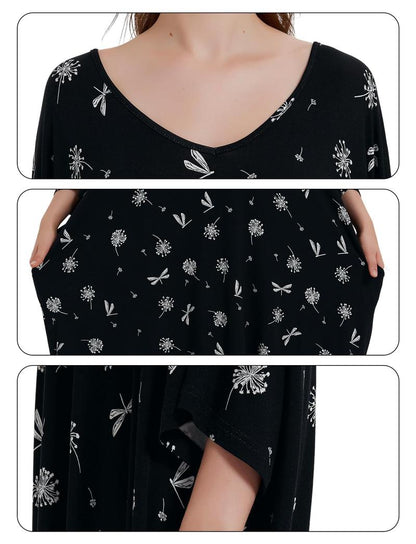 Plus Size Nightgown for Women V-Neck Sleep  Dress Pjs Lounge Short Sleeves Sleepwear With Pocket Fit S-5XL Pajamas Elastic Loungewear Breathable Fabric
