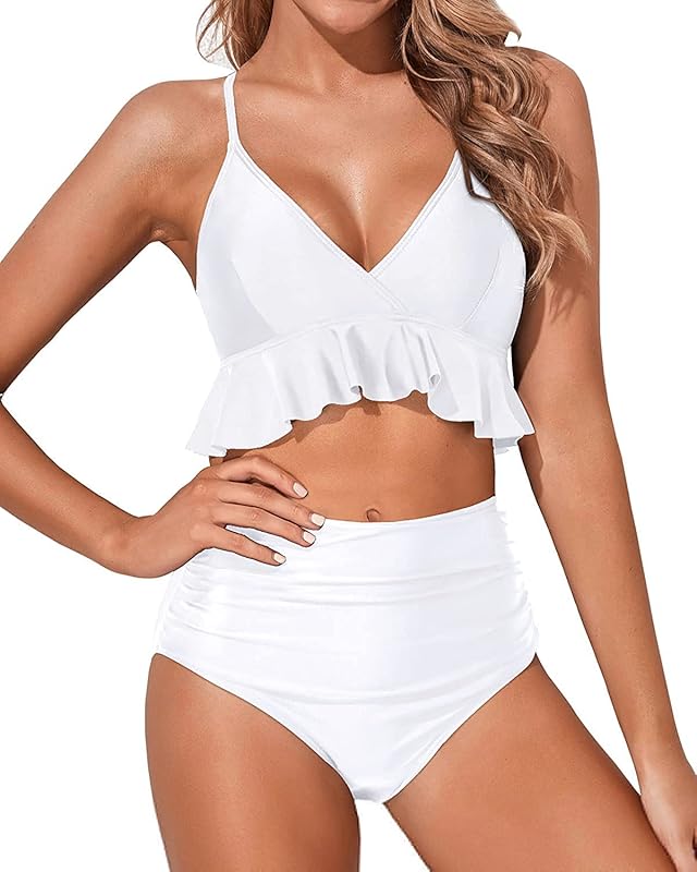 Women Two Piece Swimsuits High Waisted Bikini Set Ruffle Flounce Tummy Control Bottoms Bathing Suit - Seldom Seen Styles