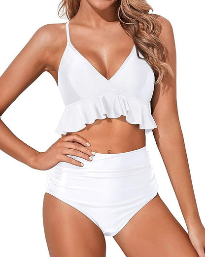 Women Two Piece Swimsuits High Waisted Bikini Set Ruffle Flounce Tummy Control Bottoms Bathing Suit - Seldom Seen Styles