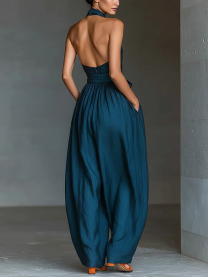 Women's Halter Neck Jumpsuit Wide Leg One Piece Elegant High Waist Casual Outfit
