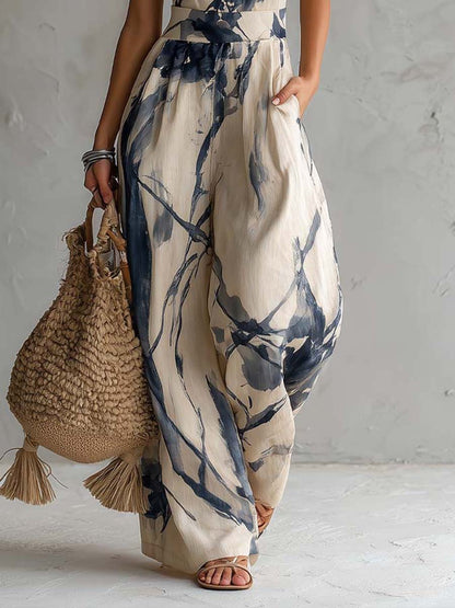 Women's Halter Neck Ink Wash Print Wide Leg Jumpsuit High Waist Side Pockets Artistic Summer Casual Vacation Outfit