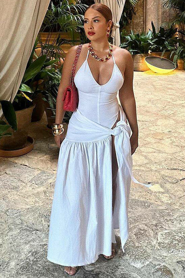 Women's White Halter Maxi Dress High Split Resort Vacation Dress - Seldom Seen Styles