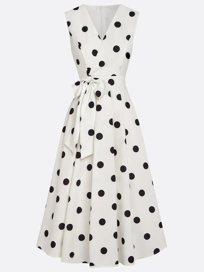 White Bow Classic V Neck Sleeveless A-Line Midi Dress