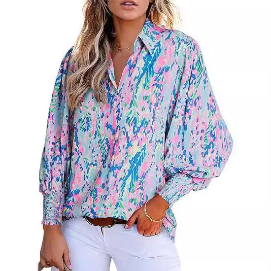 Astylish Women 2024 Loose V-Neck Shirts Paisley Print Lantern Sleeve Blouse Tops