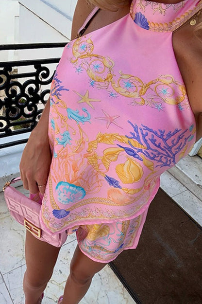 Ensemble deux pièces chic à imprimé ethnique avec licou et coupe ample