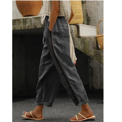 Women's Linen Capri Pants with Drawstring Petite Summer Beachwear Lightweight Elastic Waist Pants