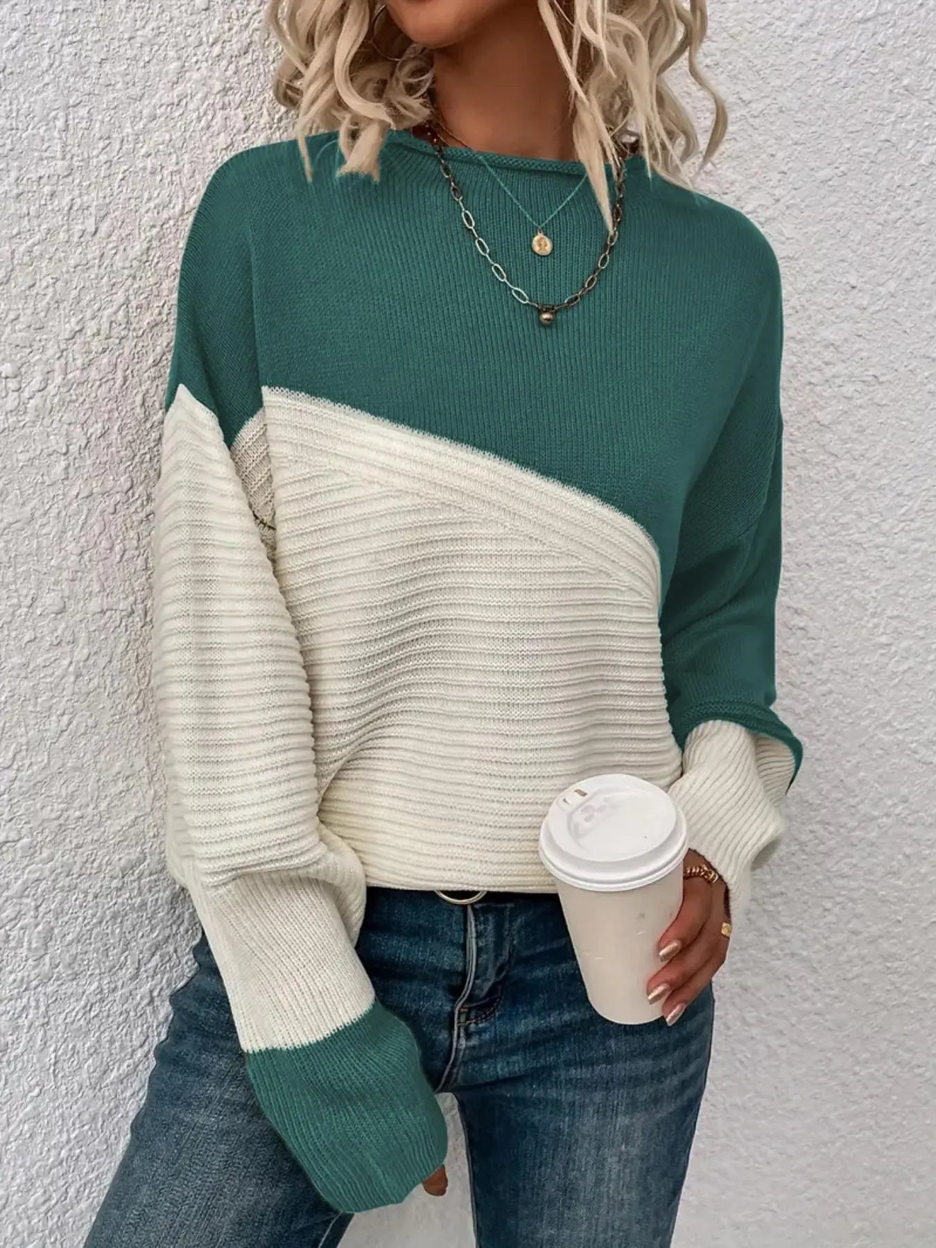 Women's Colorblock Drop Shoulder Sweater, Casual Long Sleeve Round Neck Jumper, Ladies' Knitwear for Everyday Wear, Sweaters for Women, Womenswear - Seldom Seen Styles