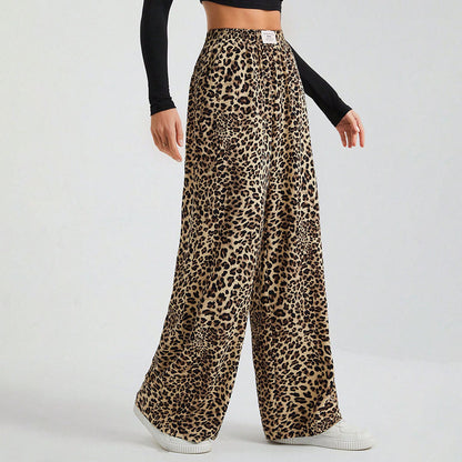 Damenhose mit Buchstaben-Leopardenmuster und geradem Bein, elastische Taille, Y2K-Hose, Unterteil mit Taschen