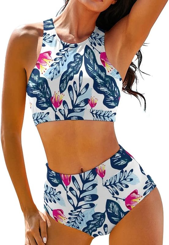 High Waisted Bikinis for Women High Neck Sporty Racerback Crop Top Swimsuit High Cut Two Piece Bathing Suit XS-XXL - Seldom Seen Styles