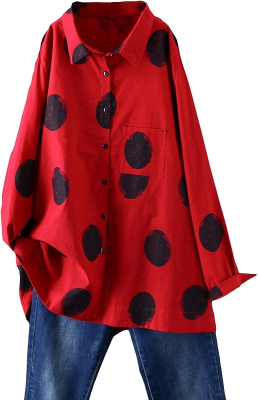 Minibee Women&#39;s Button Down Tunic Tops Polka Blouse Cotton Shirt