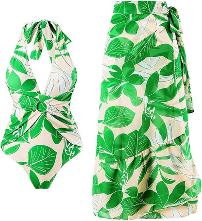 Women's 2 Pieces Sarong Swimsuit Set Sleeveless Floral Print Swimwear with Cover Up Bathing Suits Beachwear - Seldom Seen Styles