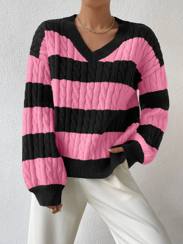 Autumn and Winter Lazy Style New Knitwear Loose Fashion Cross-Border Foreign Trade Women's ClothingVCollar Retro Contrast Color Striped Sweater