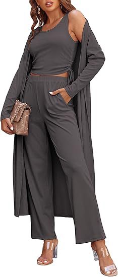 Cozy New Ekouaer Women's 3 Piece Knit Lounge Set Long Sleeve Cardigan Sleeveless Top Pants Sweatsuit S-XXL