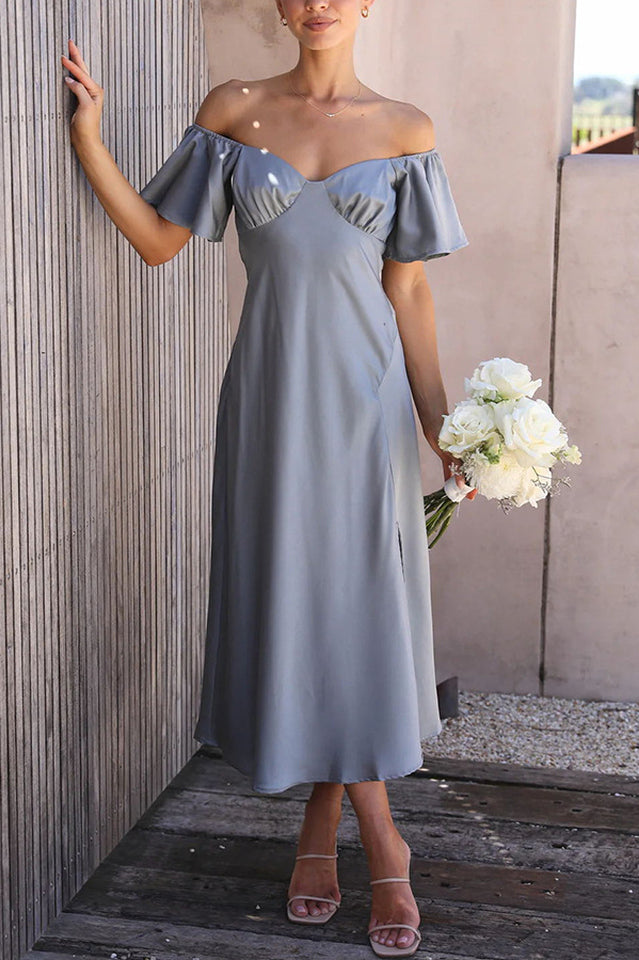 Women's Off Shoulder Midi Dress Butterfly Ruffle Sleeves Pleated Bust Side Slit Floaty Polyester Dress for Wedding Guest Party Brunch - Seldom Seen Styles