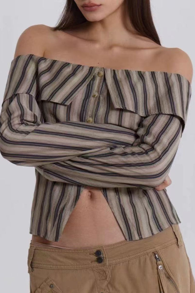 Women's Off Shoulder Striped Top Long Sleeve Y2K Asymmetrical Going Out Shirt Blouse - Seldom Seen Styles