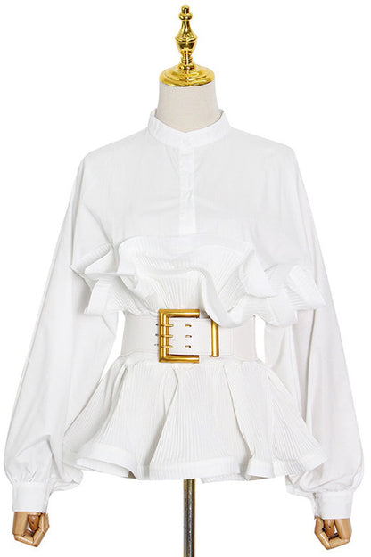 Women's Ruffle Peplum Blouse Belted Puff Sleeve Statement Top