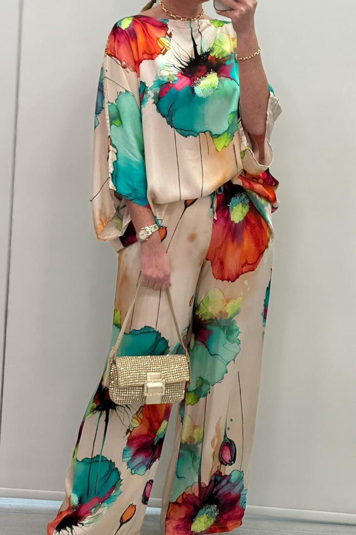 Casual Crew Neck Printed Satin Suit - Seldom Seen Styles