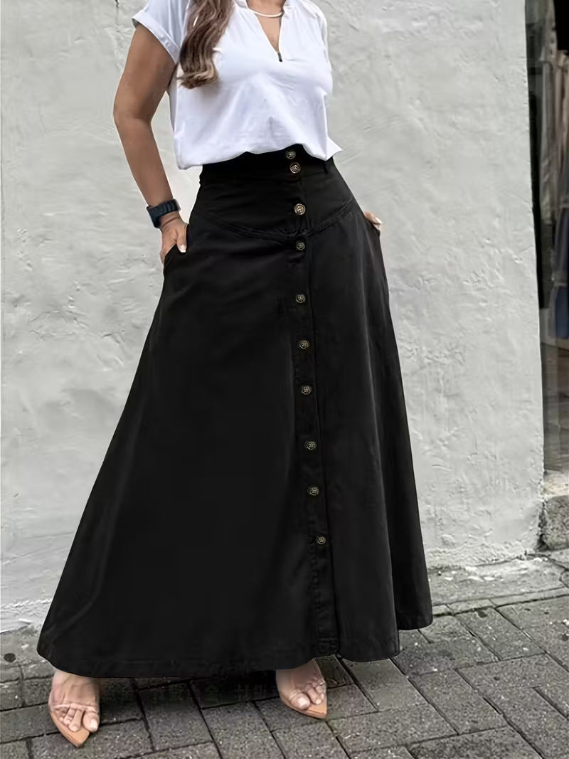 Women's A-Line Cotton Skirt Elastic Waist Casual Midi Skirt Patch Pocket Summer Everyday Outfit - Seldom Seen Styles